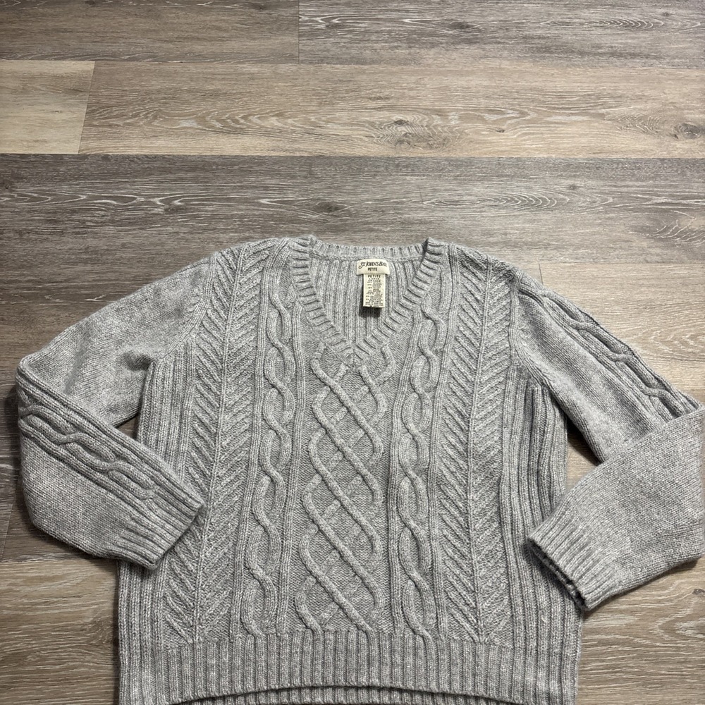 St Johns Bay Grey Cable Knit V Neck Sweater Gorpcore Angora Chic Petite Large